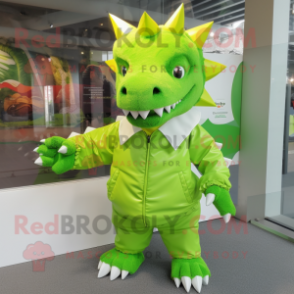 Lime Green Stegosaurus mascot costume character dressed with a Windbreaker and Cummerbunds