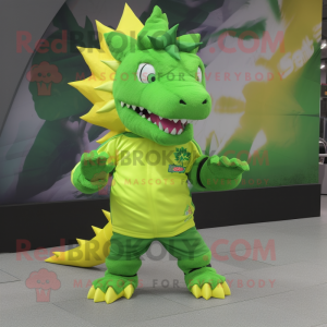 Lime Green Stegosaurus mascot costume character dressed with a Windbreaker and Cummerbunds