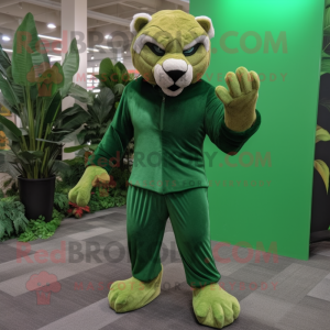 Forest Green Smilodon mascot costume character dressed with a Dress Pants and Gloves