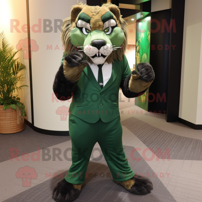 Forest Green Smilodon mascot costume character dressed with a Dress Pants and Gloves Forest Green Smilodon mascot costume character dressed with a Dress Pants and Gloves