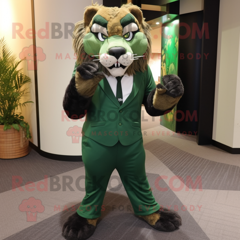 Forest Green Smilodon mascot costume character dressed with a Dress Pants and Gloves