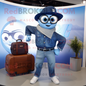 Navy Gyro mascot costume character dressed with a Boyfriend Jeans and Briefcases