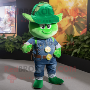 Forest Green Pot Of Gold mascot costume character dressed with a Denim Shirt and Smartwatches