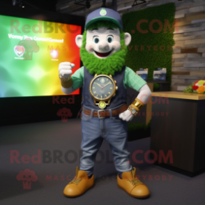 Forest Green Pot Of Gold mascot costume character dressed with a Denim Shirt and Smartwatches
