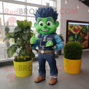 Forest Green Pot Of Gold mascot costume character dressed with a Denim Shirt and Smartwatches
