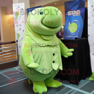 Lime Green Stellar'S Sea Cow mascot costume character dressed with a Blazer and Shawls