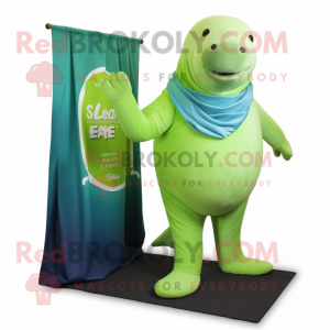 Lime Green Stellar'S Sea Cow mascot costume character dressed with a Blazer and Shawls