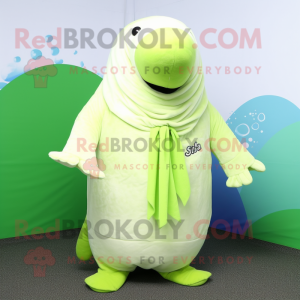 Lime Green Stellar'S Sea Cow mascot costume character dressed with a Blazer and Shawls