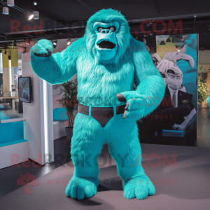 Turquoise Gorilla mascot costume character dressed with a Bodysuit and Cummerbunds