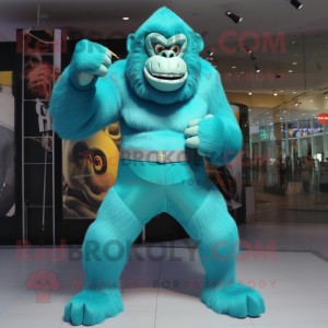 Turquoise Gorilla mascot costume character dressed with a Bodysuit and Cummerbunds