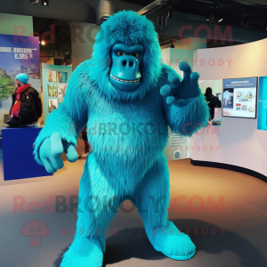 Turquoise Gorilla mascot costume character dressed with a Bodysuit and Cummerbunds