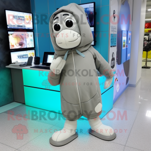 Gray Computer mascot costume character dressed with a Parka and Shoe laces