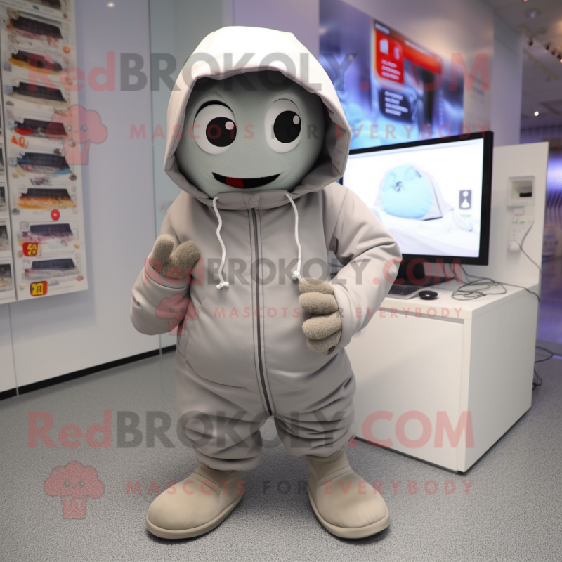 Gray Computer mascot costume character dressed with a Parka and Shoe laces