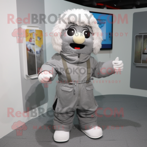 Gray Computer mascot costume character dressed with a Parka and Shoe laces