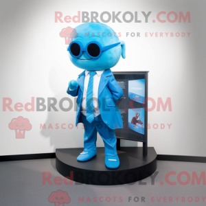 Maskotfigur af en cyan...