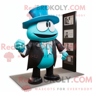 Maskotfigur af en cyan...