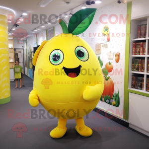 Lemon Yellow Tomato mascot costume character dressed with a A-Line Dress and Backpacks