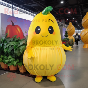 Lemon Yellow Tomato mascot costume character dressed with a A-Line Dress and Backpacks
