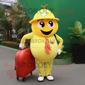 Lemon Yellow Tomato mascot costume character dressed with a A-Line Dress and Backpacks