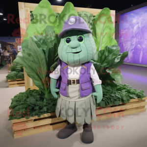 Lavender Spinach mascot costume character dressed with a Cargo Shorts and Suspenders