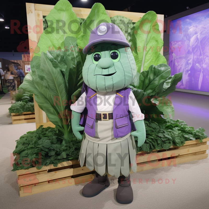 Lavender Spinach mascot costume character dressed with a Cargo Shorts and Suspenders Lavender Spinach mascot costume character dressed with a Cargo Shorts and Suspenders