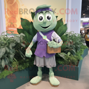 Lavender Spinach mascot costume character dressed with a Cargo Shorts and Suspenders