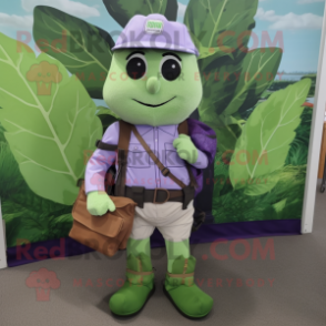 Lavender Spinach mascot costume character dressed with a Cargo Shorts and Suspenders