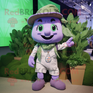 Lavender Spinach mascot costume character dressed with a Cargo Shorts and Suspenders