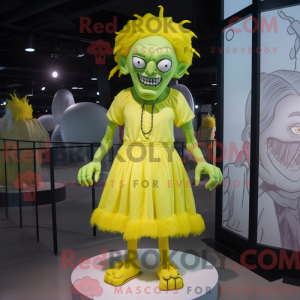 Maskotfigur af en citrongul...