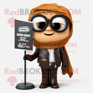 Brown Attorney mascot costume character dressed with a Biker Jacket and Shawls