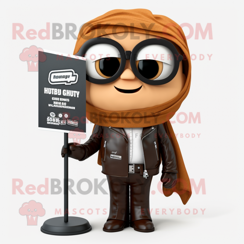 Brown Attorney mascot costume character dressed with a Biker Jacket and Shawls Brown Attorney mascot costume character dressed with a Biker Jacket and Shawls