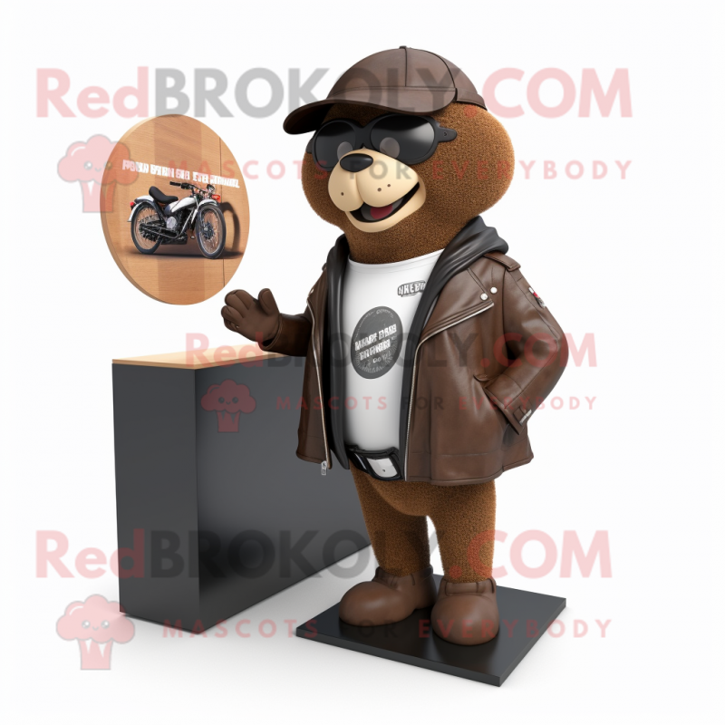 Brown Attorney mascot costume character dressed with a Biker Jacket and Shawls