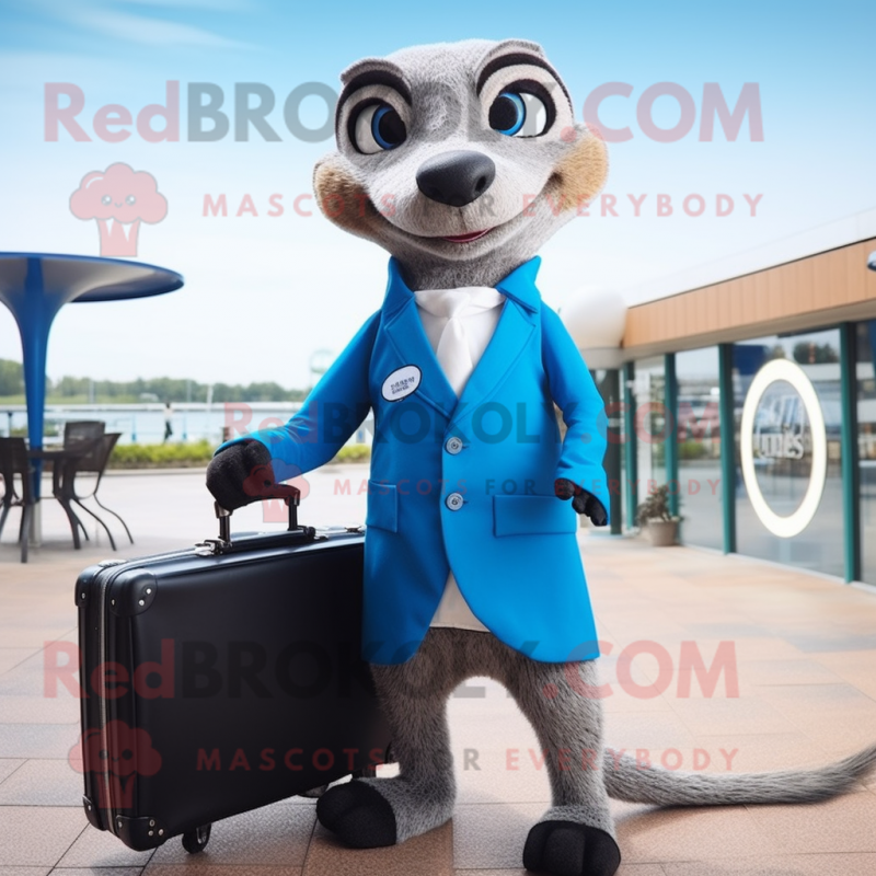 Blue Meerkat mascot costume character dressed with a Suit and Briefcases