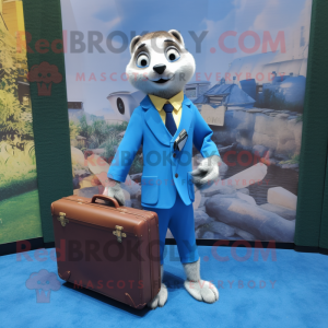 Blue Meerkat mascot costume character dressed with a Suit and Briefcases