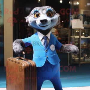 Blue Meerkat mascot costume character dressed with a Suit and Briefcases