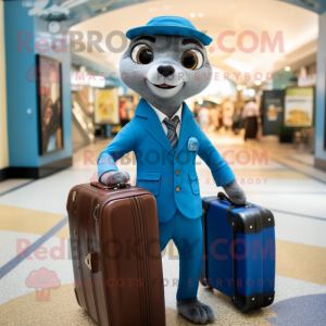 Blue Meerkat mascot costume character dressed with a Suit and Briefcases