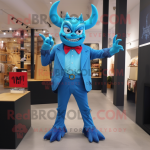 Cyan Devil mascot costume character dressed with a Jeans and Bow ties