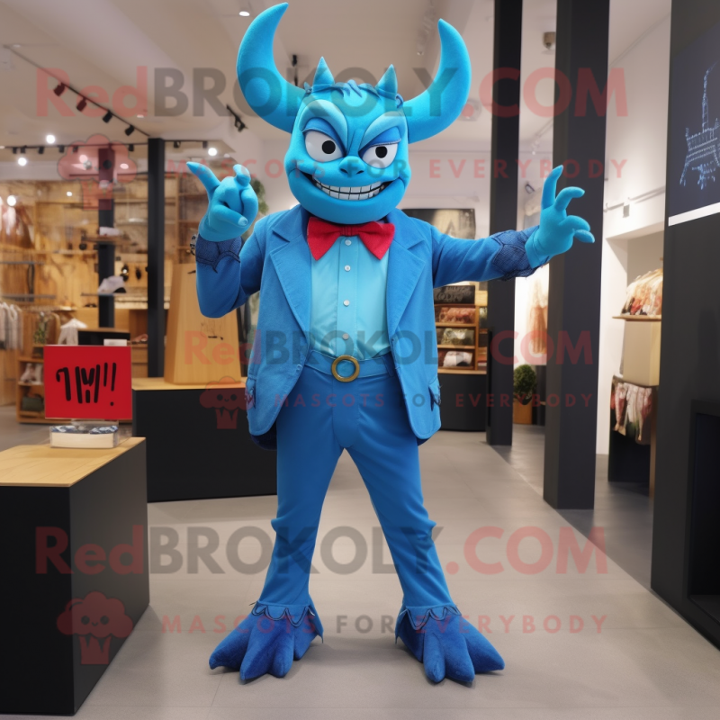 Cyan Devil mascot costume character dressed with a Jeans and Bow ties
