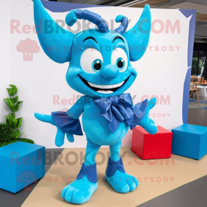 Cyan Devil mascot costume character dressed with a Jeans and Bow ties