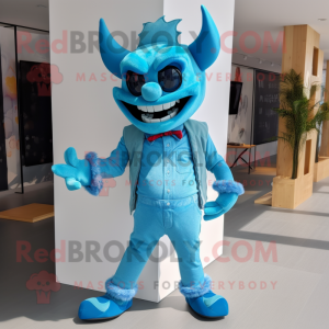 Cyan Devil mascot costume character dressed with a Jeans and Bow ties