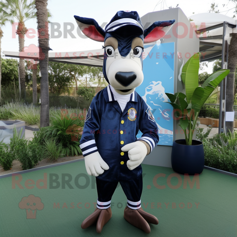 Navy Okapi mascot costume character dressed with a Playsuit and Hats Navy Okapi mascot costume character dressed with a Playsuit and Hats