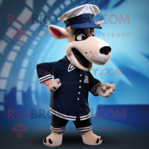 Navy Okapi mascot costume character dressed with a Playsuit and Hats