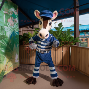 Navy Okapi mascot costume character dressed with a Playsuit and Hats