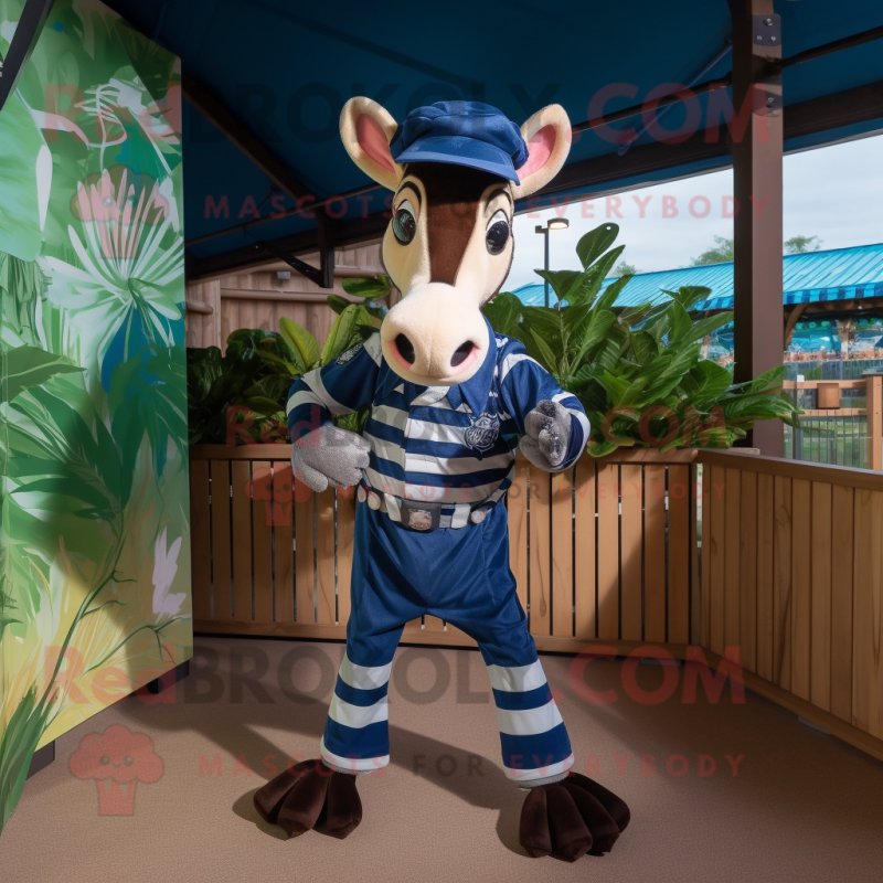 Navy Okapi mascot costume character dressed with a Playsuit and Hats Navy Okapi mascot costume character dressed with a Playsuit and Hats