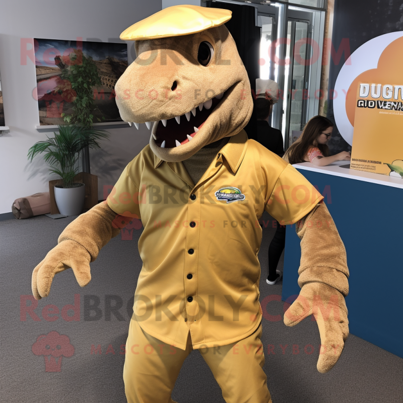 Tan Iguanodon mascot costume character dressed with a Jumpsuit and Headbands