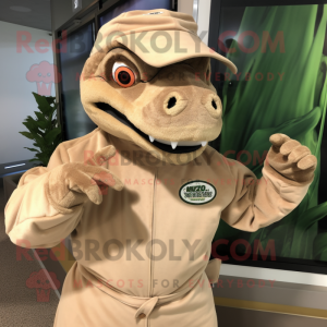 Tan Iguanodon mascot costume character dressed with a Jumpsuit and Headbands