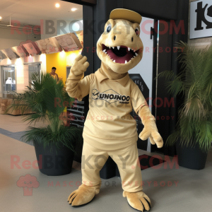 Tan Iguanodon mascot costume character dressed with a Jumpsuit and Headbands