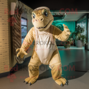 Tan Iguanodon mascot costume character dressed with a Jumpsuit and Headbands