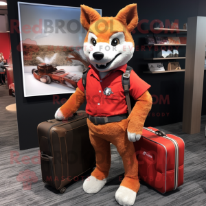 Red Dingo mascot costume character dressed with a Jeans and Briefcases