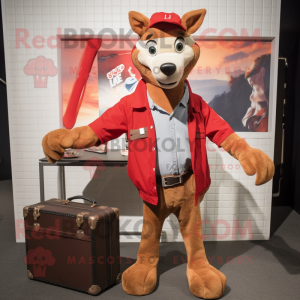 Red Dingo mascot costume character dressed with a Jeans and Briefcases